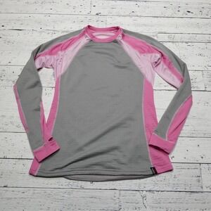 Cabela's Shirt Womens Large Gray Pink Polartec Power‎ Dry Long Sleeve Thumbholes